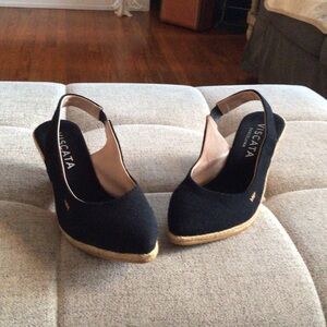 Viscata Barcelona Palomera black slingback Canvas Espadrille Wedges sz 40/9 NWOB